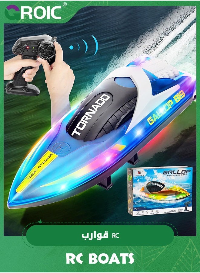 GROIC RC Boat for Kids,15+ MPH Fast Remote Control Boat with LED Lights, 2.4G RC Electric Boats Pool and Lakes Toys,Remote Control Boat with Rechargeable Battery  - Image 1