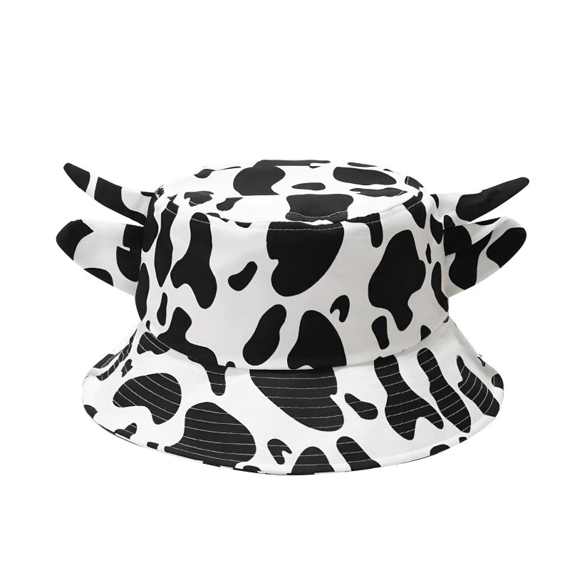 QANQIUPLE Cow Print Bucket Hat with Cute Horn Ears Cow Print Summer Beach Sun Hat Fisherman's Cow Bucket Hat White - Image 1