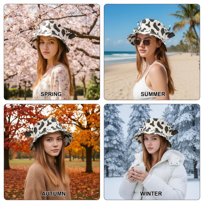 QANQIUPLE Cow Print Bucket Hat with Cute Horn Ears Cow Print Summer Beach Sun Hat Fisherman's Cow Bucket Hat White - Image 2