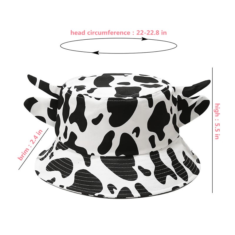 QANQIUPLE Cow Print Bucket Hat with Cute Horn Ears Cow Print Summer Beach Sun Hat Fisherman's Cow Bucket Hat White - Image 3