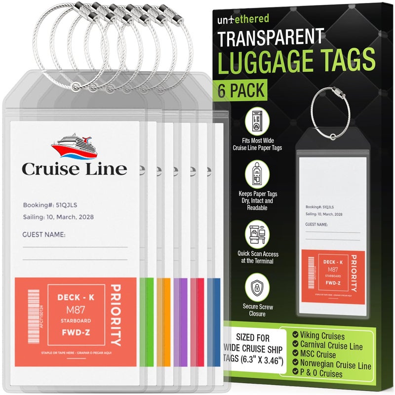 Untethered Cruise Luggage Tag Holders (6 Pack, Wide) | Clear Luggage Tags for Cruise Ships | Durable PVC Travel Bag ID Tags (6.3" x 3.5") - Image 1