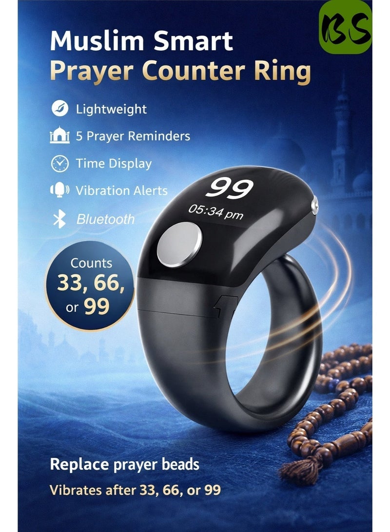 بي إس خاتم التسبيح الذكي |سبحه الكترونيه |خاتم عدّاد للأصابع بثلاثة أحجام قابلة للتعديل | عدّاد رقمي مزود بشاشة عرض وشحن عبر منفذ Type-C وتقنية بلوتوث | سبحه الكترونيه|عدّاد تسبيح خفيف الوزن، خاتم للصلاة، يعرض الوقت والتاريخ | عدّاد تسبيح للمسلمين|خاتم تسبيح. - Image 1