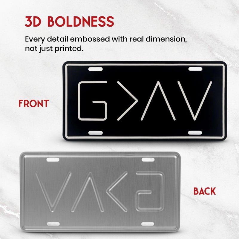Autobase Black Metal Decorative Front License Plate (6" x 12") | Embossed G>^V - God is Greater Than The Highs and Lows | Vanity Car Tag for The Front of Vehicles - Image 3