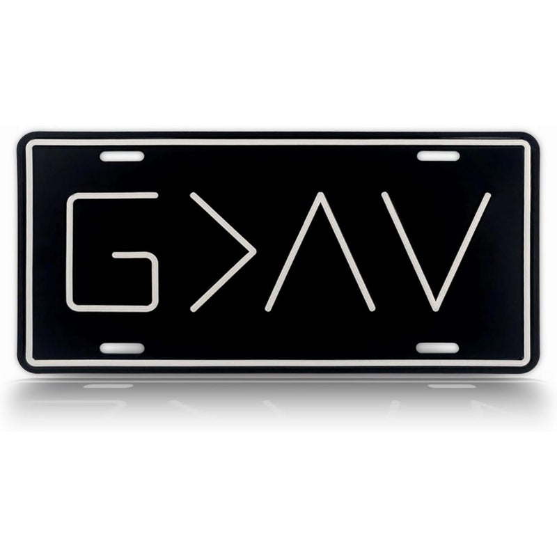 Autobase Black Metal Decorative Front License Plate (6" x 12") | Embossed G>^V - God is Greater Than The Highs and Lows | Vanity Car Tag for The Front of Vehicles - Image 1