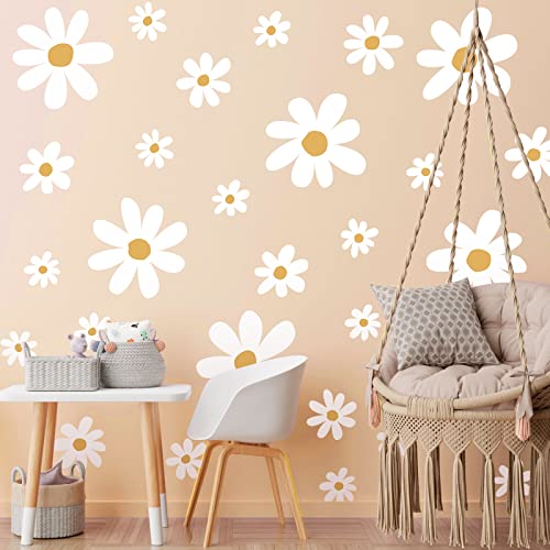 TaoBary 12 Sheets Daisy Wall Decal Flower Wall Sticker Cute Daisy Sticker Pink White Flower Decal Peel and Stick Floral Wallpaper for Nursery Bedroom Home Decor(White, Yellow,Cute Style) - Image 1
