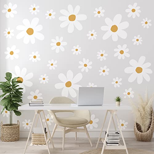 TaoBary 12 Sheets Daisy Wall Decal Flower Wall Sticker Cute Daisy Sticker Pink White Flower Decal Peel and Stick Floral Wallpaper for Nursery Bedroom Home Decor(White, Yellow,Cute Style) - Image 5