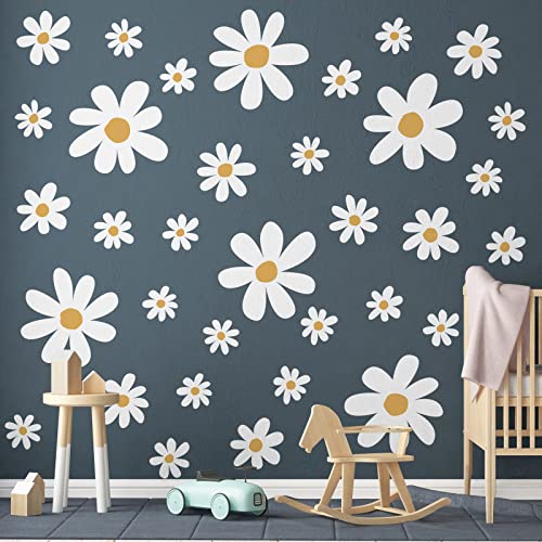 TaoBary 12 Sheets Daisy Wall Decal Flower Wall Sticker Cute Daisy Sticker Pink White Flower Decal Peel and Stick Floral Wallpaper for Nursery Bedroom Home Decor(White, Yellow,Cute Style) - Image 3
