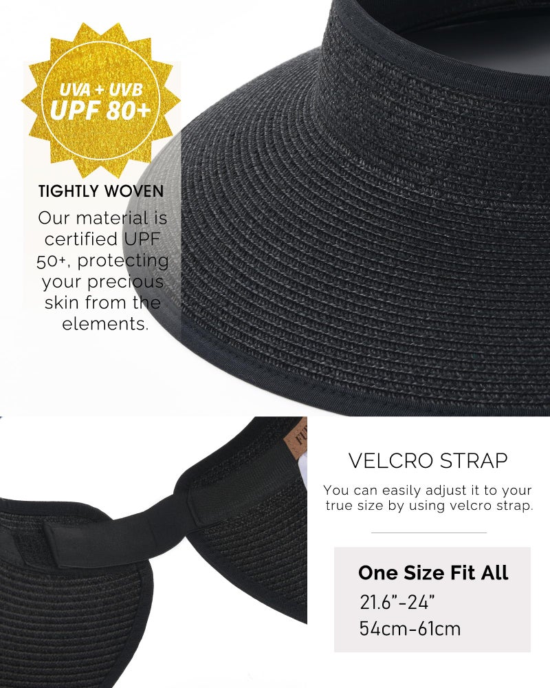 FURTALK Sun Visor Hats for Women Wide Brim Straw Ponytail Summer Beach Hat UV UPF Packable Foldable Travel Black - Image 3