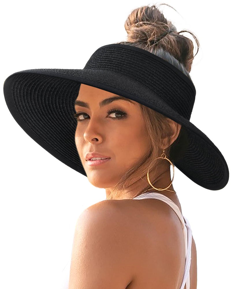 FURTALK Sun Visor Hats for Women Wide Brim Straw Ponytail Summer Beach Hat UV UPF Packable Foldable Travel Black - Image 1