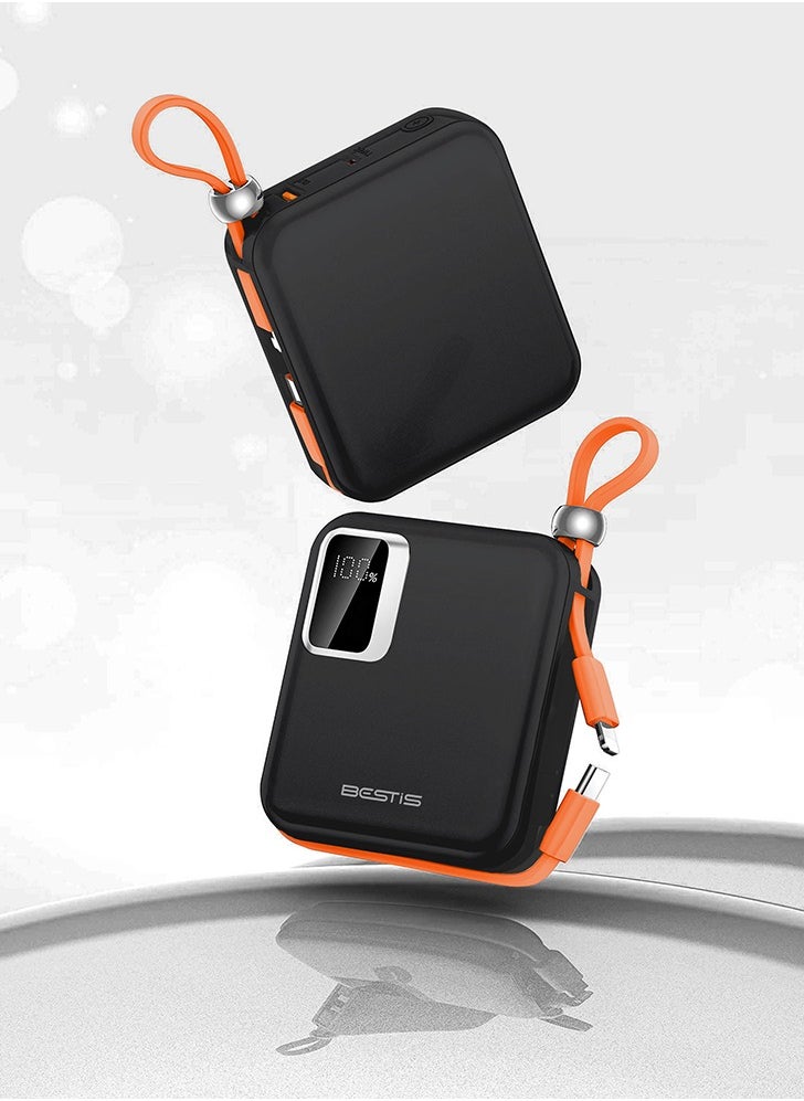 BESTIS - 10000mAh Mini Power Bank with Built-in Double Cables, PD22.5W Fast Charging Portable Charger,Quick Charge Devices Black - Image 1
