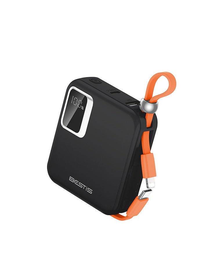 BESTIS - 10000mAh Mini Power Bank with Built-in Double Cables, PD22.5W Fast Charging Portable Charger,Quick Charge Devices Black - Image 1