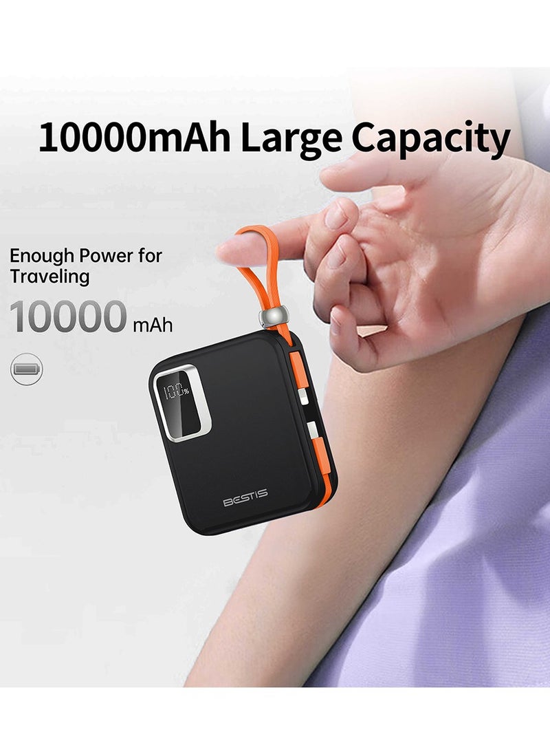BESTIS - 10000mAh Mini Power Bank with Built-in Double Cables, PD22.5W Fast Charging Portable Charger,Quick Charge Devices Black - Image 1