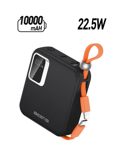 10000mAh Mini Power Bank with Built-in Double Cables, PD22.5W Fast Charging Portable Charger,Quick Charge Devices Black