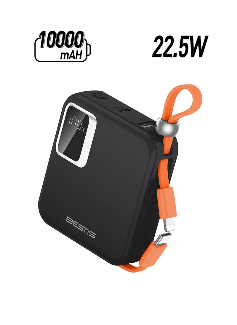 BESTIS - 10000mAh Mini Power Bank with Built-in Double Cables, PD22.5W Fast Charging Portable Charger,Quick Charge Devices Black - Image 1