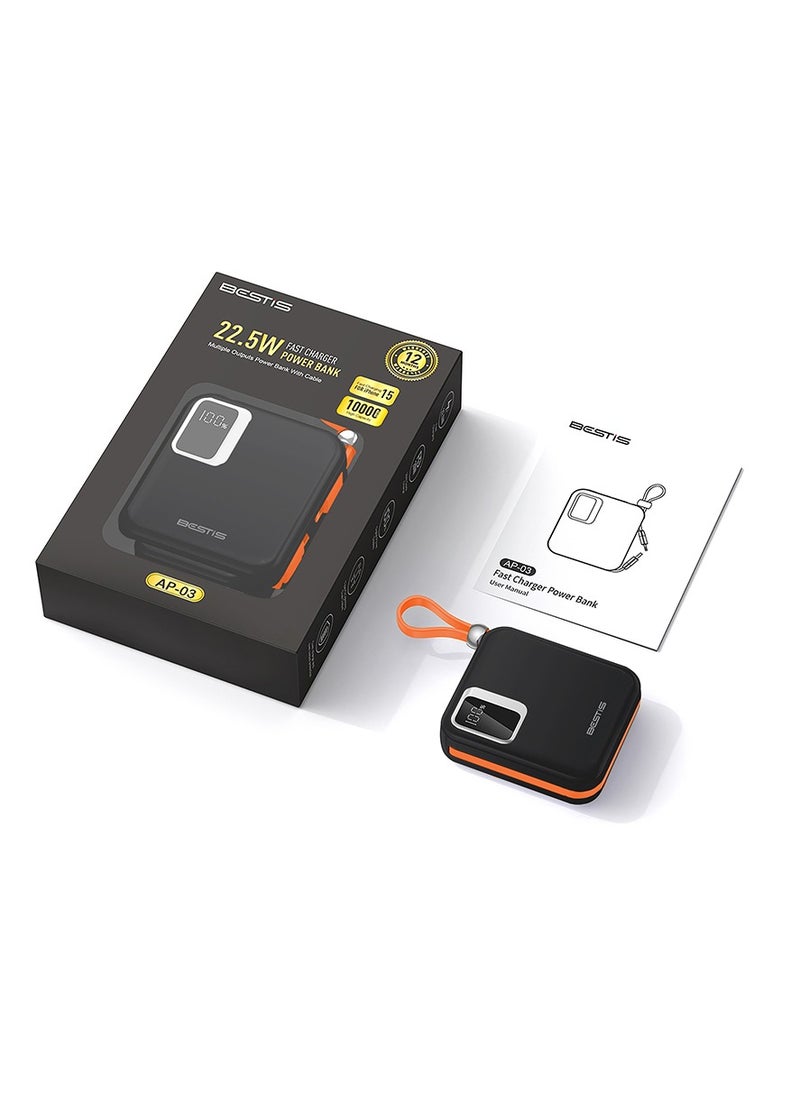 BESTIS - 10000mAh Mini Power Bank with Built-in Double Cables, PD22.5W Fast Charging Portable Charger,Quick Charge Devices Black - Image 1