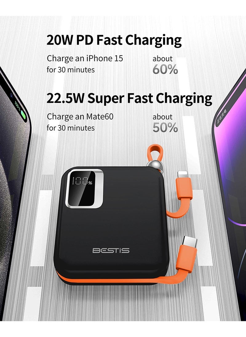 BESTIS - 10000mAh Mini Power Bank with Built-in Double Cables, PD22.5W Fast Charging Portable Charger,Quick Charge Devices Black - Image 1