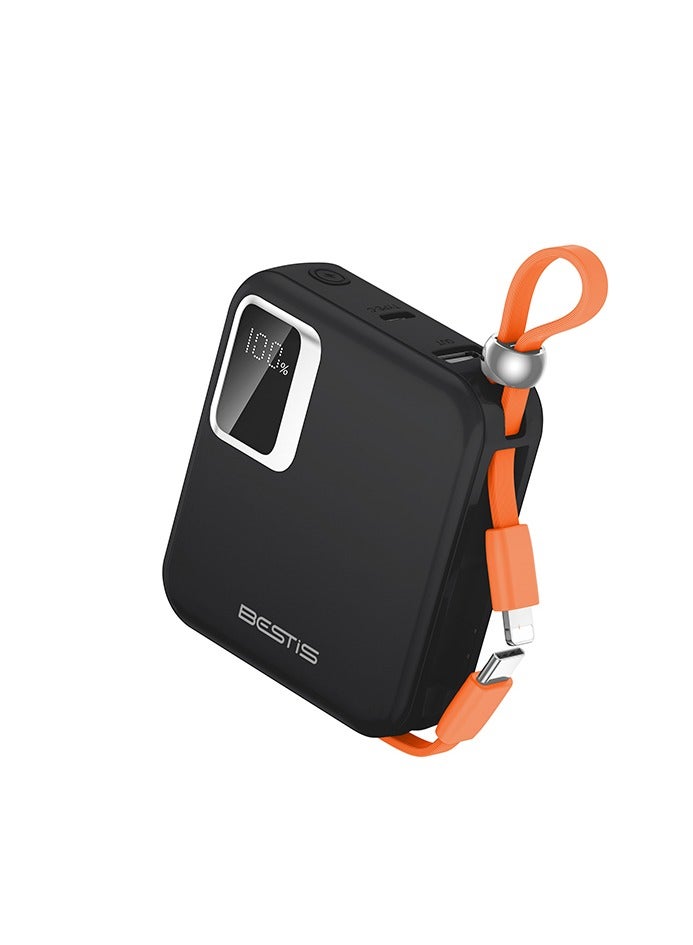 10000mAh Mini Power Bank with Built-in Double Cables, PD22.5W Fast Charging Portable Charger,Quick Charge Devices Black