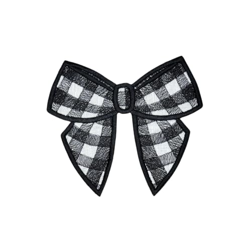 GARAAN - Machine Embroidered Applique, Patch, Sew on Patches, DIY Projects, Gingham Bow Black (Pack of 5) - Image 1