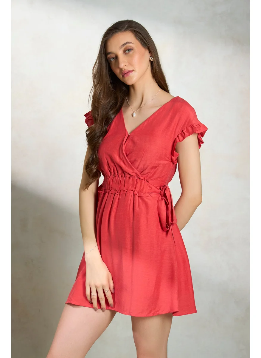 Virgio Virgio V-Neck Flutter Sleeve Ruffled & Belted Wrap Dress
