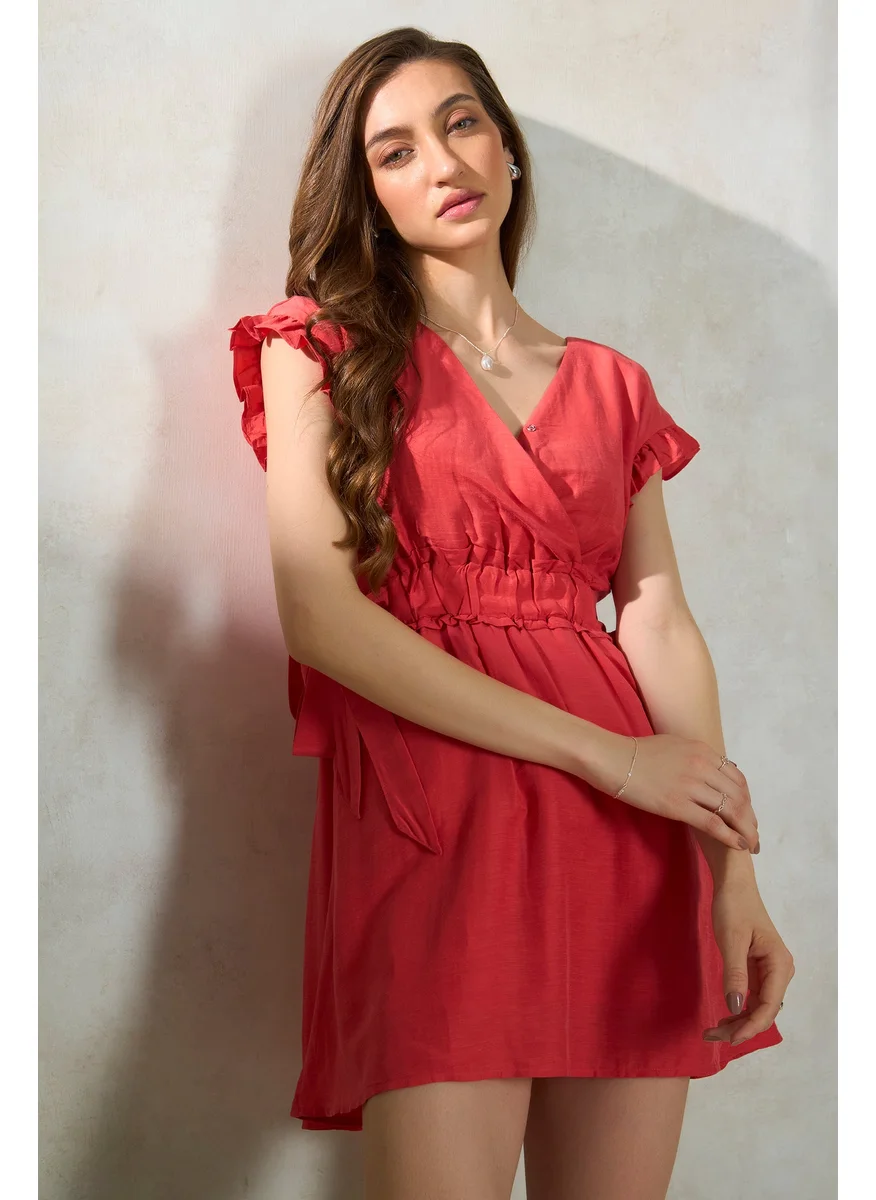Virgio Virgio V-Neck Flutter Sleeve Ruffled & Belted Wrap Dress