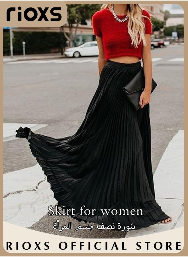 RIOXS Women's Casual High Waist A-Line Skirt Pleated Swing Maxi Skirt For Beach, Ladies Midi Pleated Skirts  - Image 3