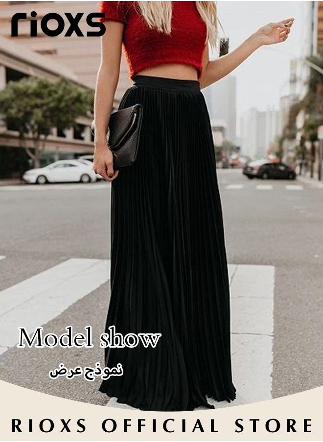 RIOXS Women's Casual High Waist A-Line Skirt Pleated Swing Maxi Skirt For Beach, Ladies Midi Pleated Skirts  - Image 4