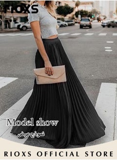 RIOXS Women's Casual High Waist A-Line Skirt Pleated Swing Maxi Skirt For Beach, Ladies Midi Pleated Skirts  - Image 2