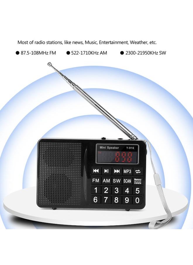 Thoraya - FM/AM/SW Stations Stereo FM Radio TF/U Disk Music Noise Cancelling MP3 Player Radio - Black - Image 1