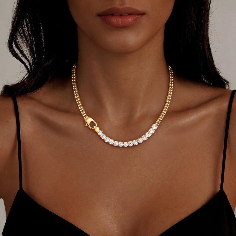IMBOS Chunky Gold Necklace Tennis Necklace for Women 14K Gold Plated CZ Love Chain Chunky Diamond Necklace Cuban Link Chain Choker Dainty Jewelry Gifts - Image 2