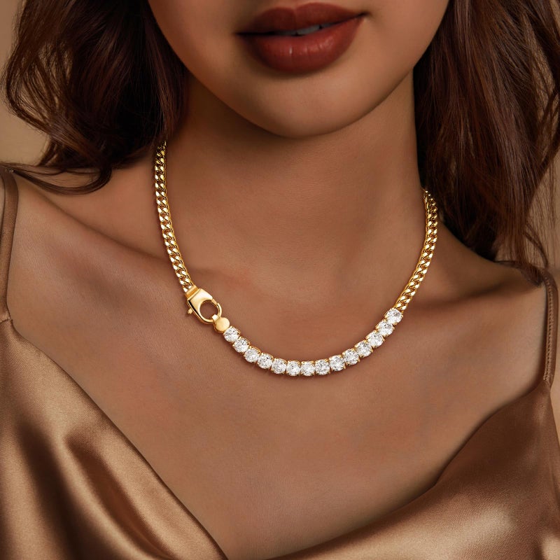IMBOS Chunky Gold Necklace Tennis Necklace for Women 14K Gold Plated CZ Love Chain Chunky Diamond Necklace Cuban Link Chain Choker Dainty Jewelry Gifts - Image 4