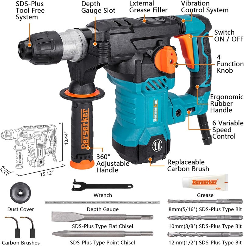 Berserker 1-1/4" SDS-Plus Rotary Hammer Drill with Vibration Control,Safety Clutch,12.5 Amp 4 Functions Corded Rotomartillo for Concrete-Including 3 Drill Bits,Flat Chisel,Point Chisel,Carrying Case - Image 2