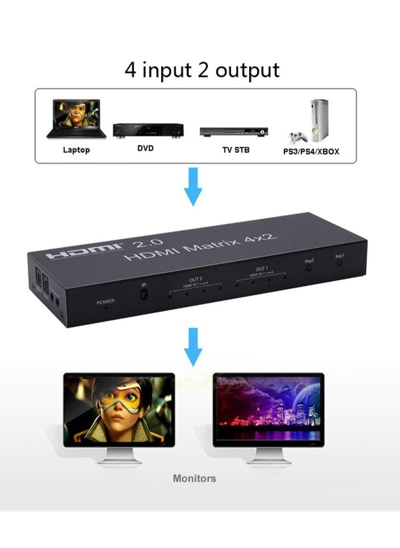 Generic - 4K HDMI 2.0 Matrix 4X2 HDMI 4X2 Matrix Switcher with Audio HDMI 2X2 Matrix HDMI Matrix Switcher 4 in 2 Splitter 4K 60HZ HDCP 2.2 (HDMI 2.0 Matrix 4X2) - Image 1
