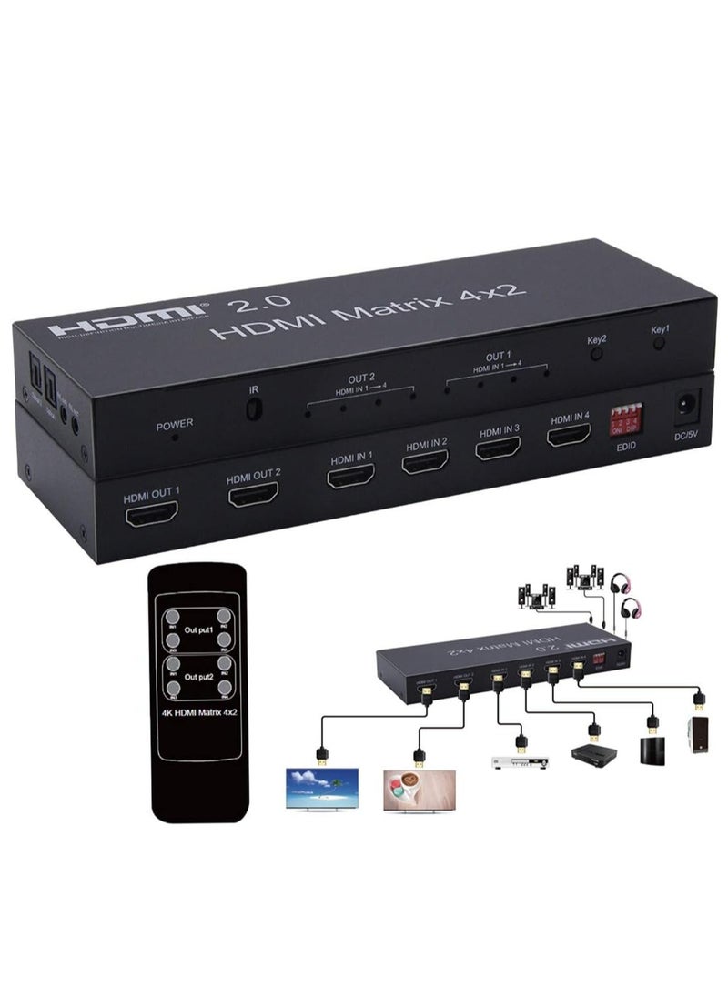 Generic - 4K HDMI 2.0 Matrix 4X2 HDMI 4X2 Matrix Switcher with Audio HDMI 2X2 Matrix HDMI Matrix Switcher 4 in 2 Splitter 4K 60HZ HDCP 2.2 (HDMI 2.0 Matrix 4X2) - Image 1