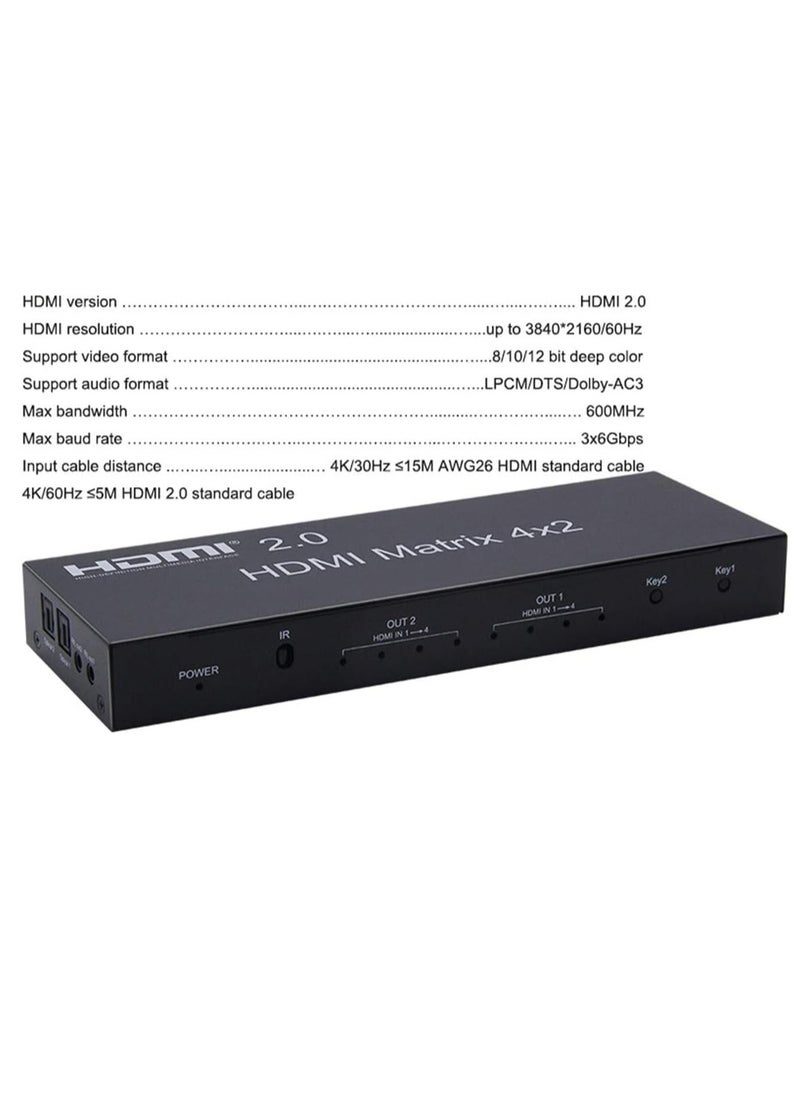 Generic - 4K HDMI 2.0 Matrix 4X2 HDMI 4X2 Matrix Switcher with Audio HDMI 2X2 Matrix HDMI Matrix Switcher 4 in 2 Splitter 4K 60HZ HDCP 2.2 (HDMI 2.0 Matrix 4X2) - Image 1