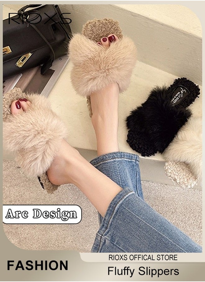 RIOXS - Women's Fluffy Slippers, Stylish Cross Band Fluffy Slippers For Women, Cozy Open-toe House Slippers, Furry Warm Comfy Slip-ons For Indoor Outdoor Wear, Anti-Slip Slippers - Image 1