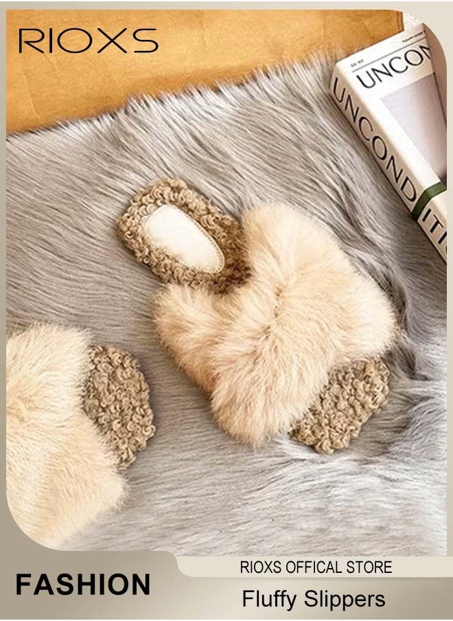RIOXS - Women's Fluffy Slippers, Stylish Cross Band Fluffy Slippers For Women, Cozy Open-toe House Slippers, Furry Warm Comfy Slip-ons For Indoor Outdoor Wear, Anti-Slip Slippers - Image 1