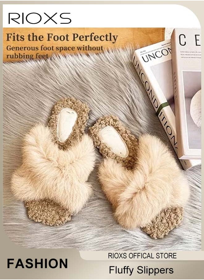 RIOXS - Women's Fluffy Slippers, Stylish Cross Band Fluffy Slippers For Women, Cozy Open-toe House Slippers, Furry Warm Comfy Slip-ons For Indoor Outdoor Wear, Anti-Slip Slippers - Image 1