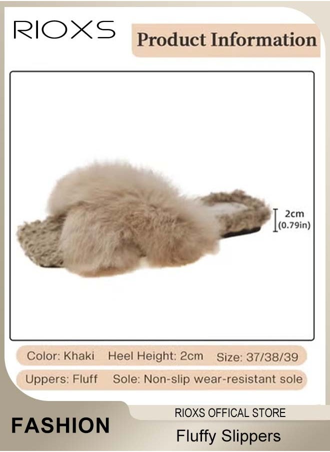 RIOXS - Women's Fluffy Slippers, Stylish Cross Band Fluffy Slippers For Women, Cozy Open-toe House Slippers, Furry Warm Comfy Slip-ons For Indoor Outdoor Wear, Anti-Slip Slippers - Image 1