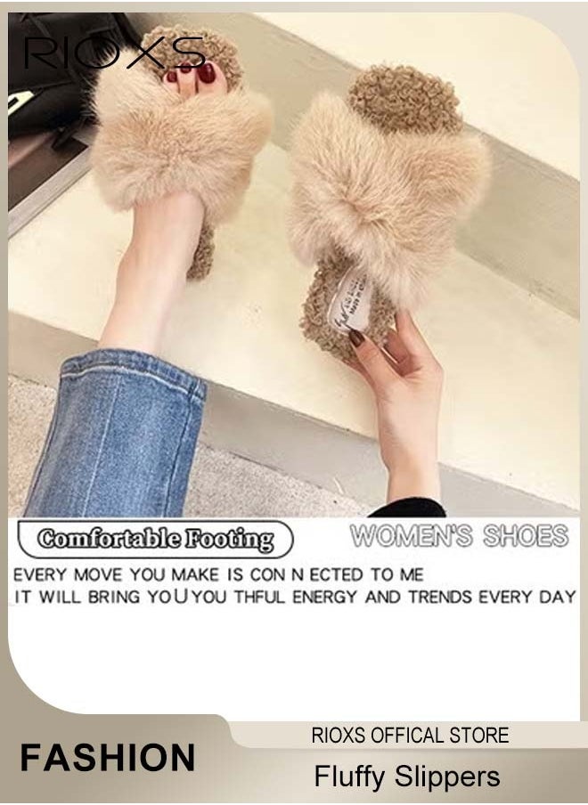 RIOXS - Women's Fluffy Slippers, Stylish Cross Band Fluffy Slippers For Women, Cozy Open-toe House Slippers, Furry Warm Comfy Slip-ons For Indoor Outdoor Wear, Anti-Slip Slippers - Image 1