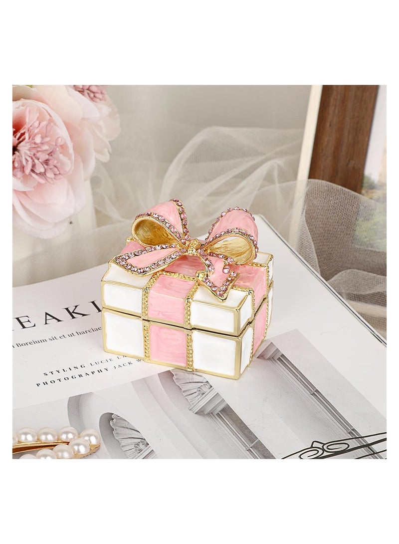 KASTWAVE Mini Trinket Box, Bow-knot Gift Box Style Hinged Jewelry Box, Vintage Metal Enameled Decorative Box, Wedding Ring Box Earrings Organizer Necklace Holder for Women Girls, Pink - Image 4