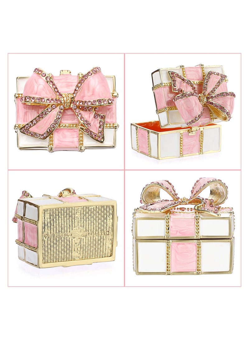 KASTWAVE Mini Trinket Box, Bow-knot Gift Box Style Hinged Jewelry Box, Vintage Metal Enameled Decorative Box, Wedding Ring Box Earrings Organizer Necklace Holder for Women Girls, Pink - Image 3
