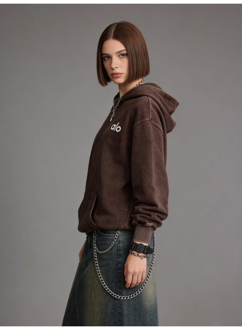 Alo washed brown hooded long sleeved sweatshirt - unisex soft thick cotton hooded sweatshirt - Image 2