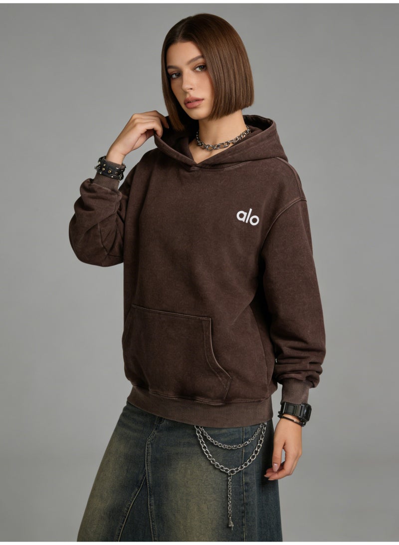 Alo washed brown hooded long sleeved sweatshirt - unisex soft thick cotton hooded sweatshirt - Image 5