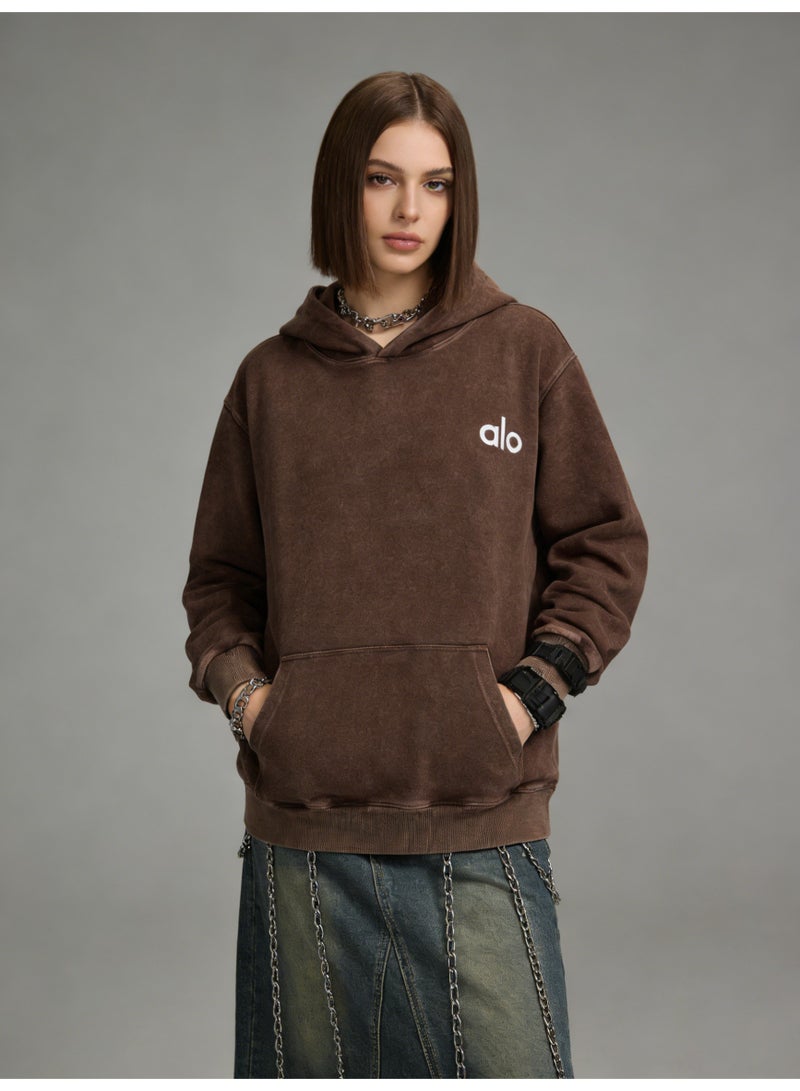 Alo washed brown hooded long sleeved sweatshirt - unisex soft thick cotton hooded sweatshirt - Image 1