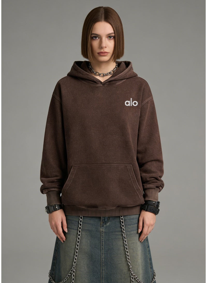 Alo washed brown hooded long sleeved sweatshirt - unisex soft thick cotton hooded sweatshirt - Image 3
