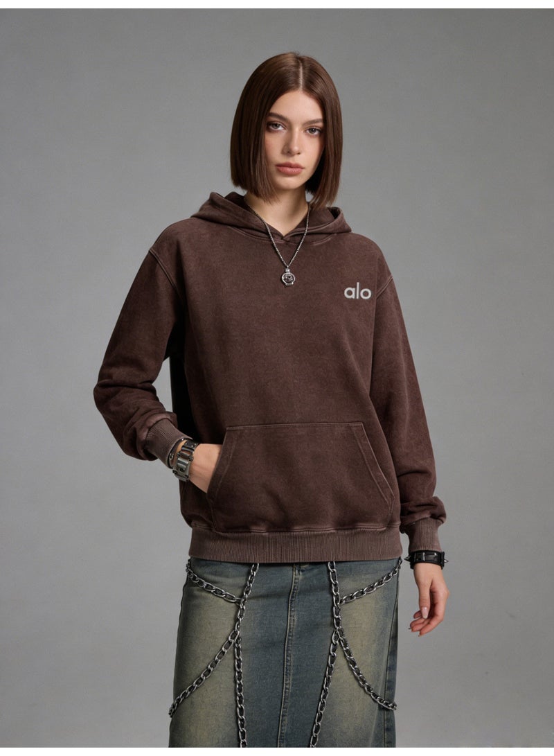 Alo washed brown hooded long sleeved sweatshirt - unisex soft thick cotton hooded sweatshirt - Image 4
