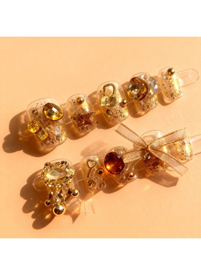 Orange Life Luxury Amber Crystal Press On Nails 10PCS Gold Rhinestone 3D Handmade Artificial Nails Full Cover Reusable Stick On Nails Acrylic Soft Gel Nail Kit Gift Box with Glue Tools Wedding Party Salon Style Nails - Image 2