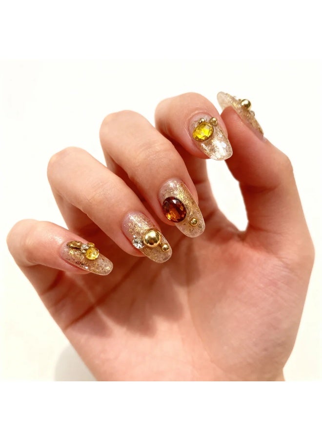 Orange Life Luxury Amber Crystal Press On Nails 10PCS Gold Rhinestone 3D Handmade Artificial Nails Full Cover Reusable Stick On Nails Acrylic Soft Gel Nail Kit Gift Box with Glue Tools Wedding Party Salon Style Nails - Image 3