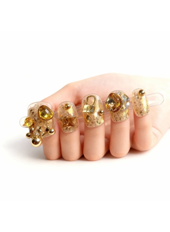 Orange Life Luxury Amber Crystal Press On Nails 10PCS Gold Rhinestone 3D Handmade Artificial Nails Full Cover Reusable Stick On Nails Acrylic Soft Gel Nail Kit Gift Box with Glue Tools Wedding Party Salon Style Nails - Image 4