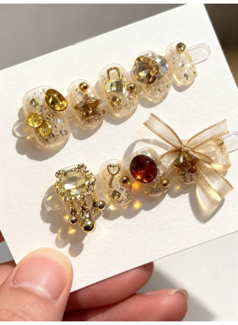 Orange Life Luxury Amber Crystal Press On Nails 10PCS Gold Rhinestone 3D Handmade Artificial Nails Full Cover Reusable Stick On Nails Acrylic Soft Gel Nail Kit Gift Box with Glue Tools Wedding Party Salon Style Nails - Image 5